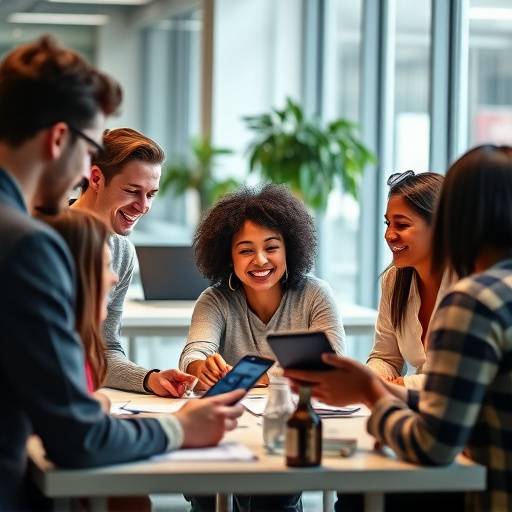 Illustratie van diverse mensen die samenwerken aan digitale content, symbool voor inclusiviteit.